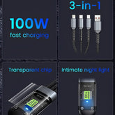men 3 in Ga1 Fast Charging Cable | 100W Fast Charging Cable Multi Charger Cable Nylon Braided Multiple USB Universal 3 In 1 Charging Cord Adapter With Type-C Micro BYJ ( With Box )