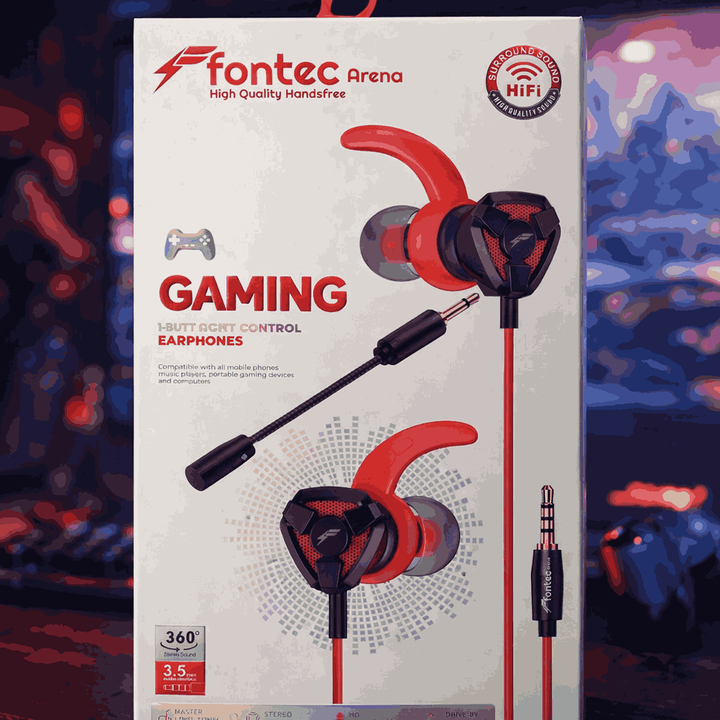 Fontec Arena Gaming and tiktok live Earphones with Detachable Mic – 3.5mm HiFi Stereo Surround Handsfree.